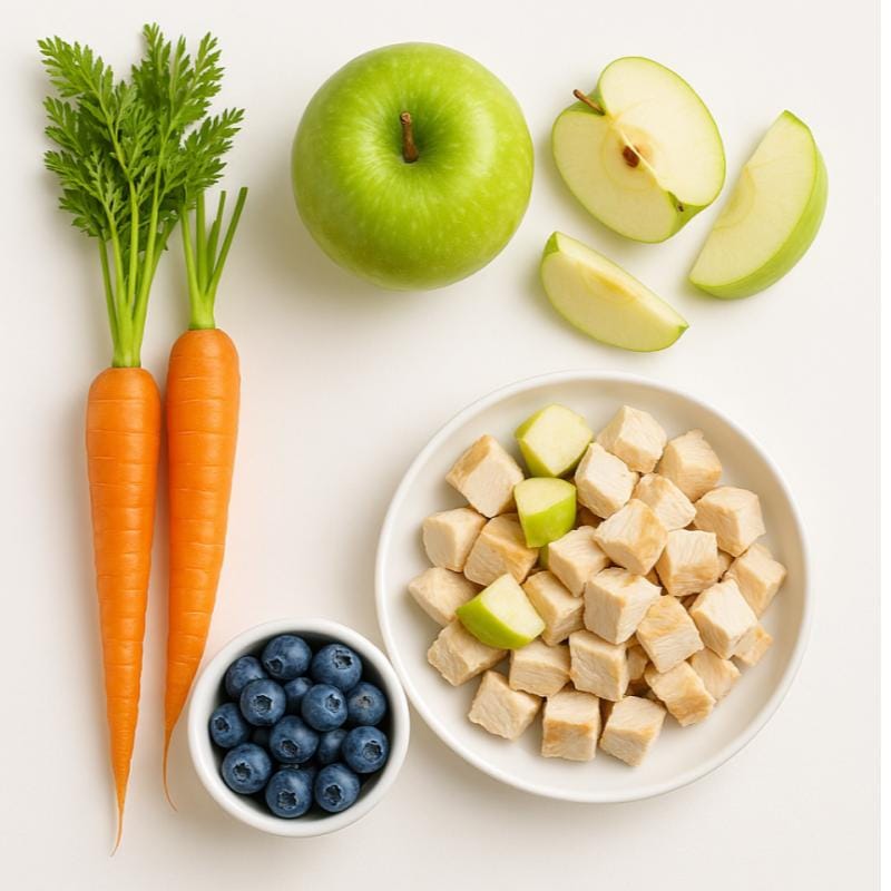 "safe human foods for dogs including carrots
apples blueberries and cooked chicken"