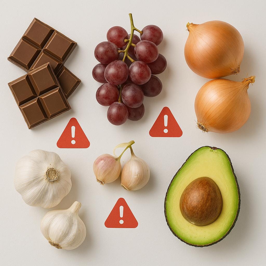 "toxic foods dogs should never eat including
chocolate grapes onion garlic and avocado"
