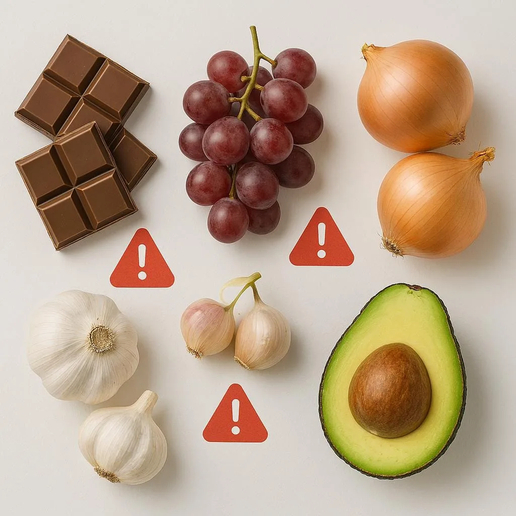 "toxic foods dogs should never eat including
chocolate grapes onion garlic and avocado"