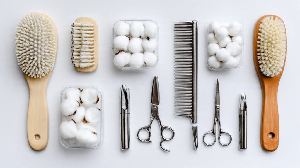 essential cat grooming tools
for home use brush comb nail
clippers and ear cleaning supplies