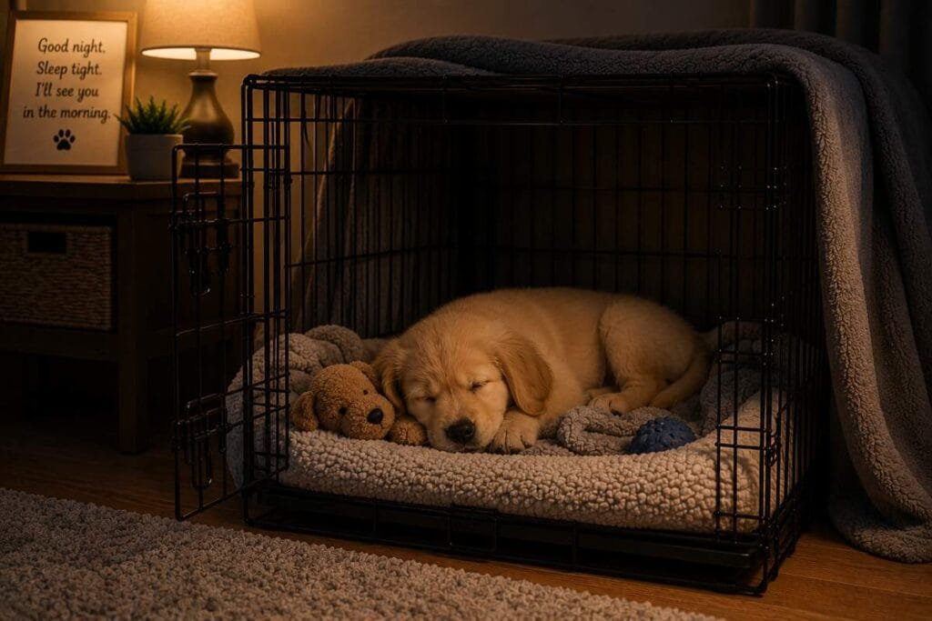 Cozy puppy crate with soft bedding and comfort items.