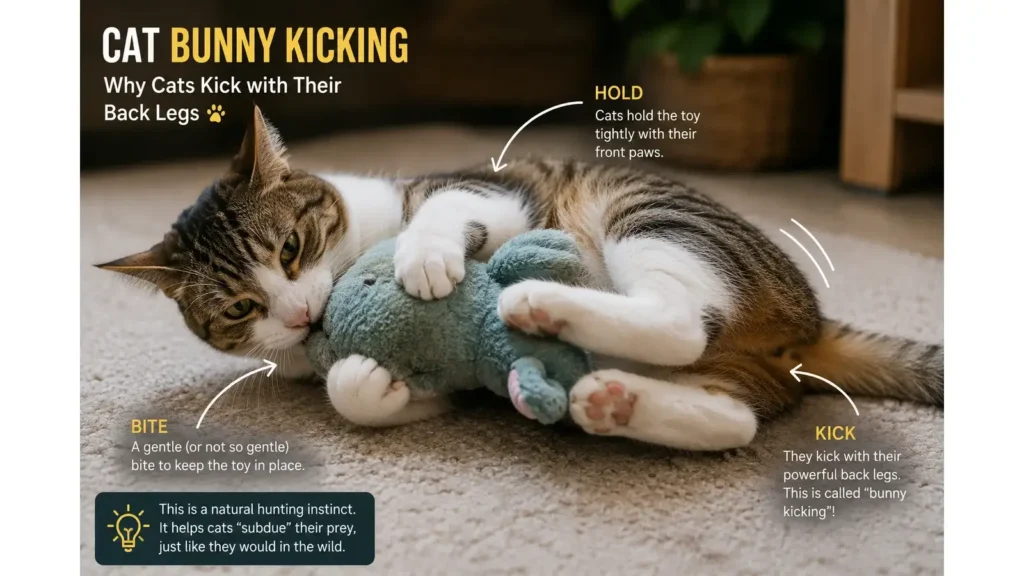 Cat bunny kicking after it licks and bites a toy