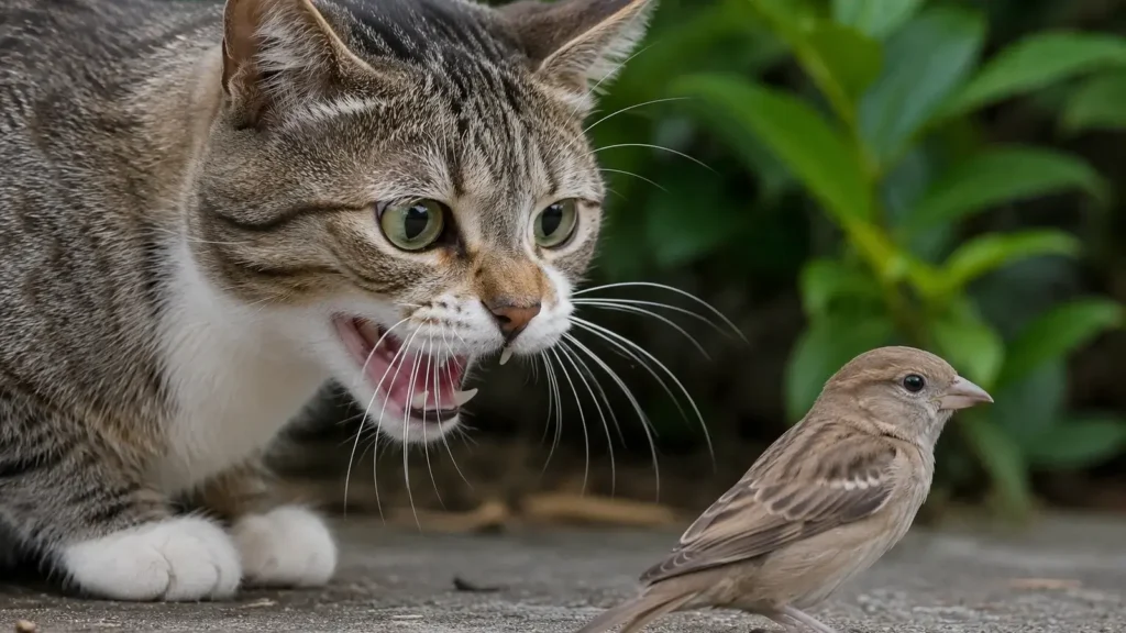 Cat chattering its jaw while it chirps at birds