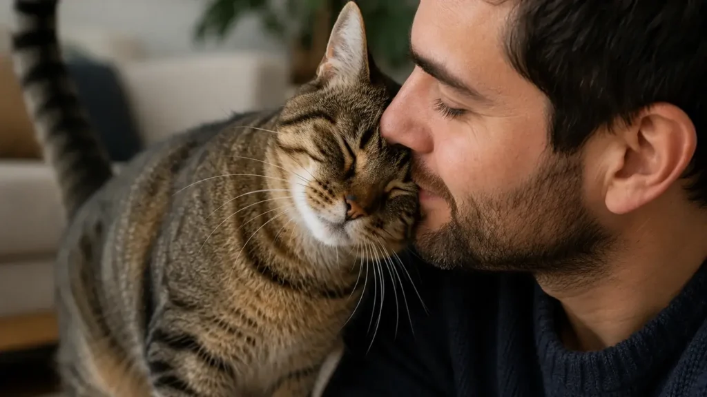Cat rubbing its face against owner's cheek