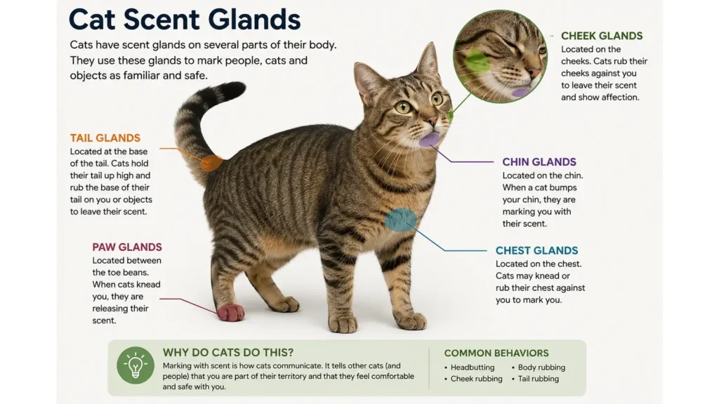 Diagram showing scent glands on a cat's head