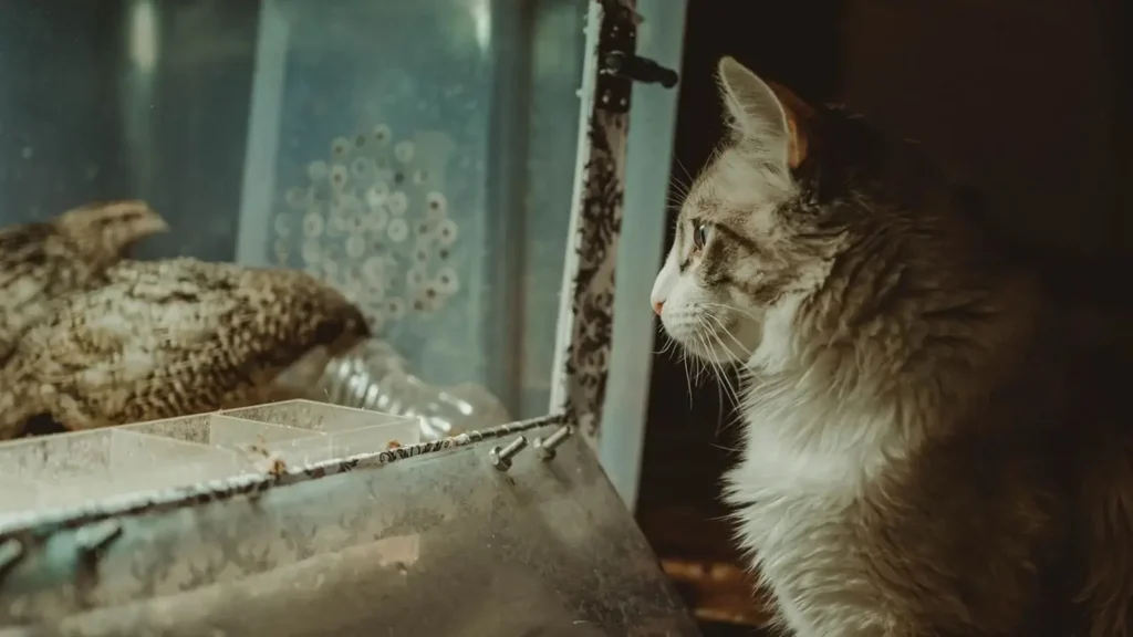 Cat watching a bird while chirping at it