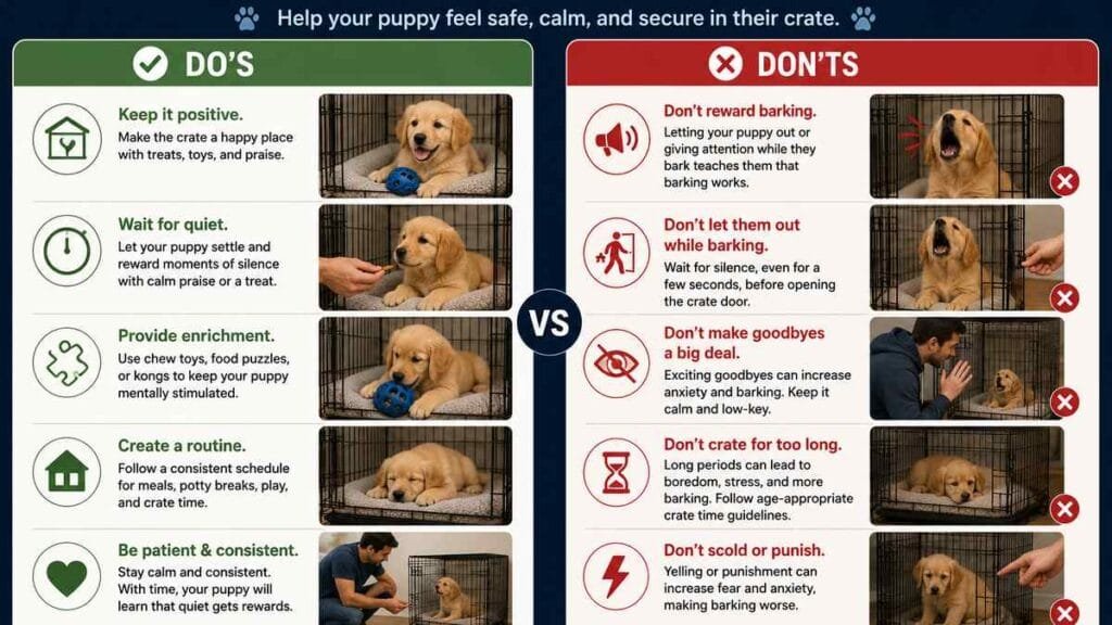 Do's vs don'ts crate barking comparison graphic