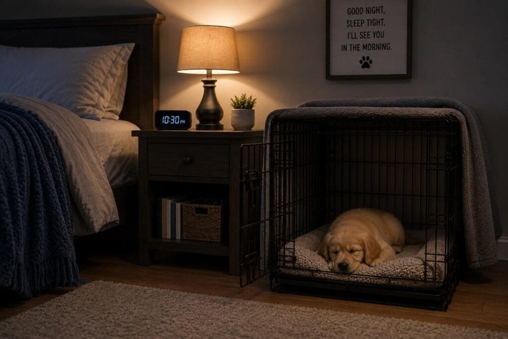 Puppy crate placed beside owner's bed for comfort and monitoring.