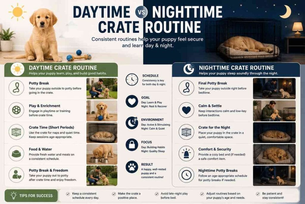 Daytime vs nighttime puppy crate routine comparison