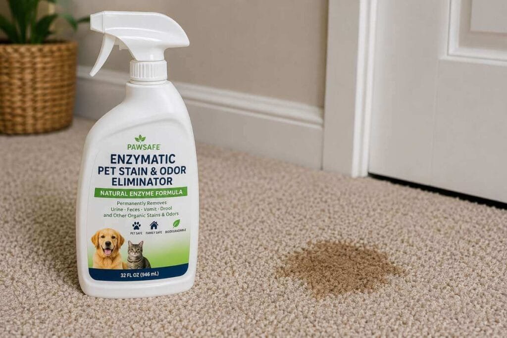 Spray bottle of pet-safe stain and odor remover on carpet