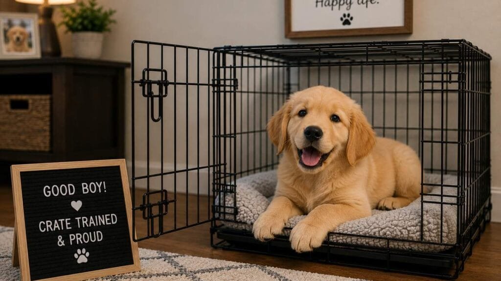 Happy relaxed puppy after successful crate training