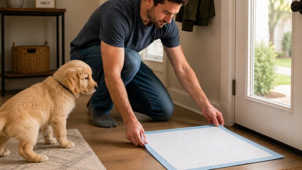 Moving a puppy potty pad closer to the door