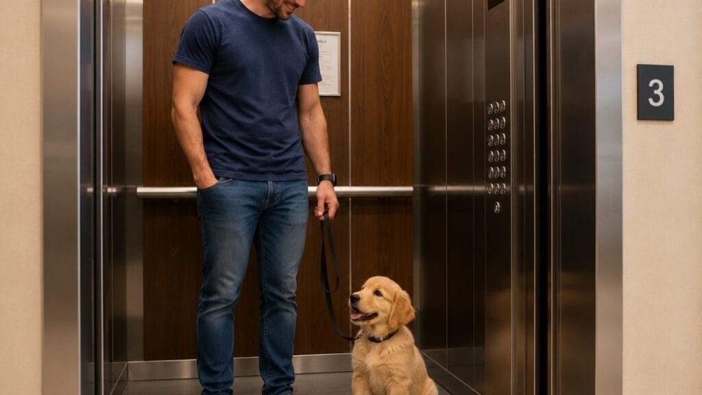 Owner taking puppy through elevator for potty break