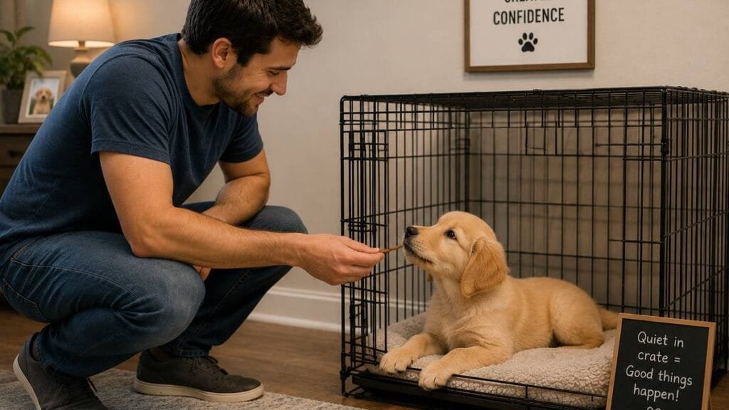 Owner rewarding puppy for quiet crate behavior