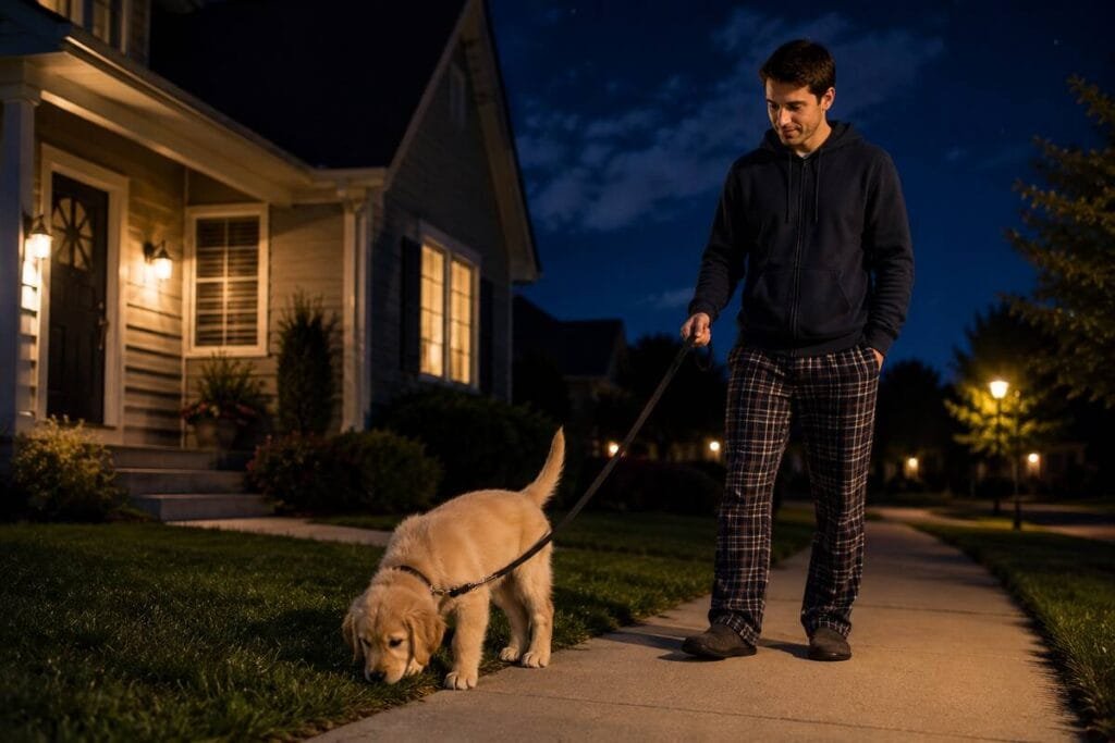 Owner calmly taking puppy outside after an accident