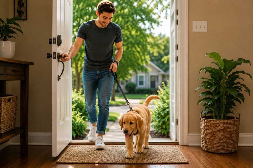 Owner walking puppy outside after a potty signal