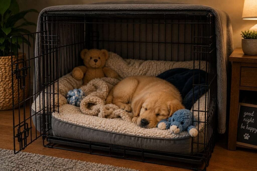 Puppy sleeping peacefully in crate after successful training.
