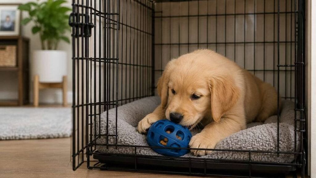 Puppy enjoying crate with toy