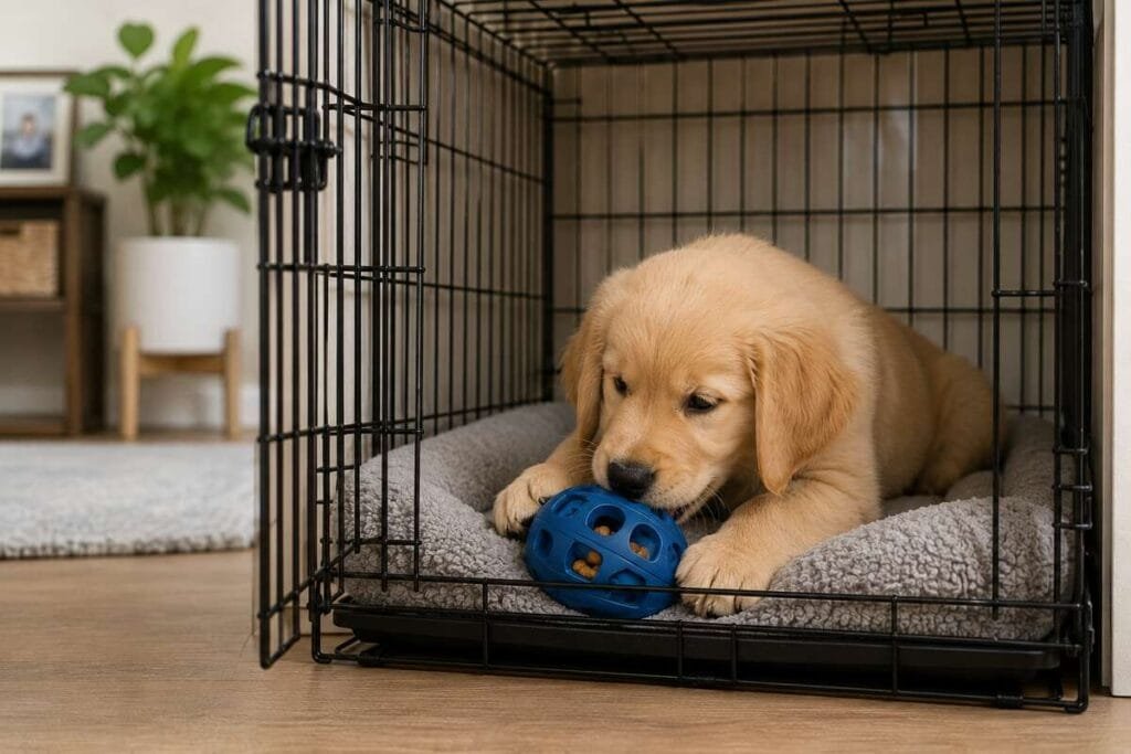 Puppy with chew toy inside crate for enrichment