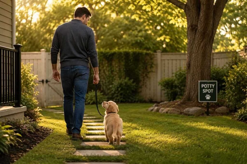 Puppy on a consistent potty schedule outdoors