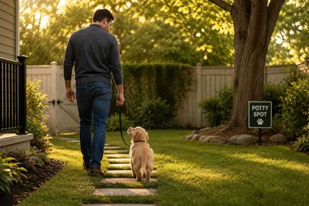 Puppy on a consistent potty schedule outdoors
