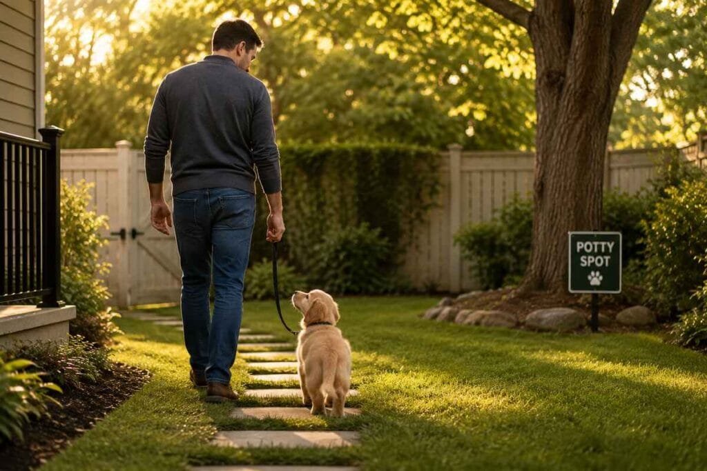 Puppy at a consistent outdoor potty spot