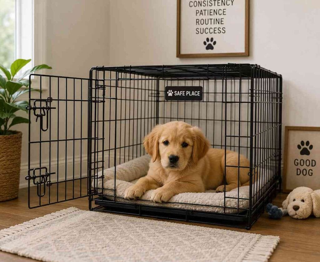 Golden retriever puppy resting in an open wire crate