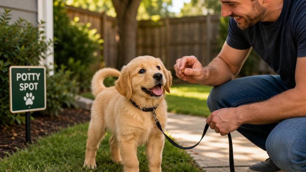 Puppy going potty outdoors after transition"