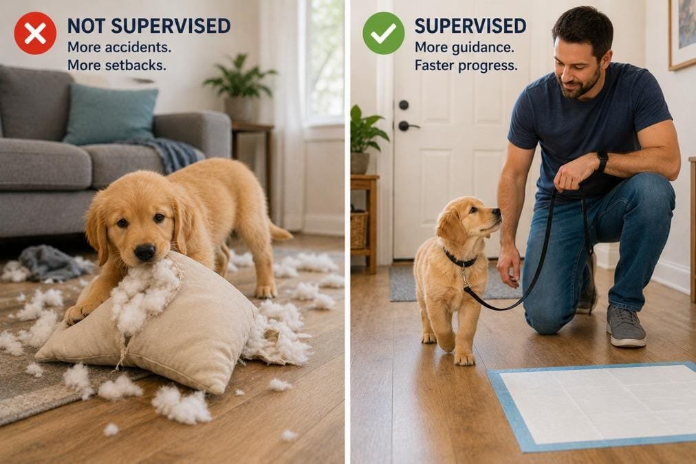 Owner leash walking puppy indoors during potty training