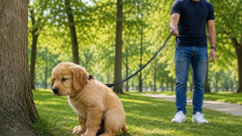 Puppy on a leash at a consistent outdoor potty spot