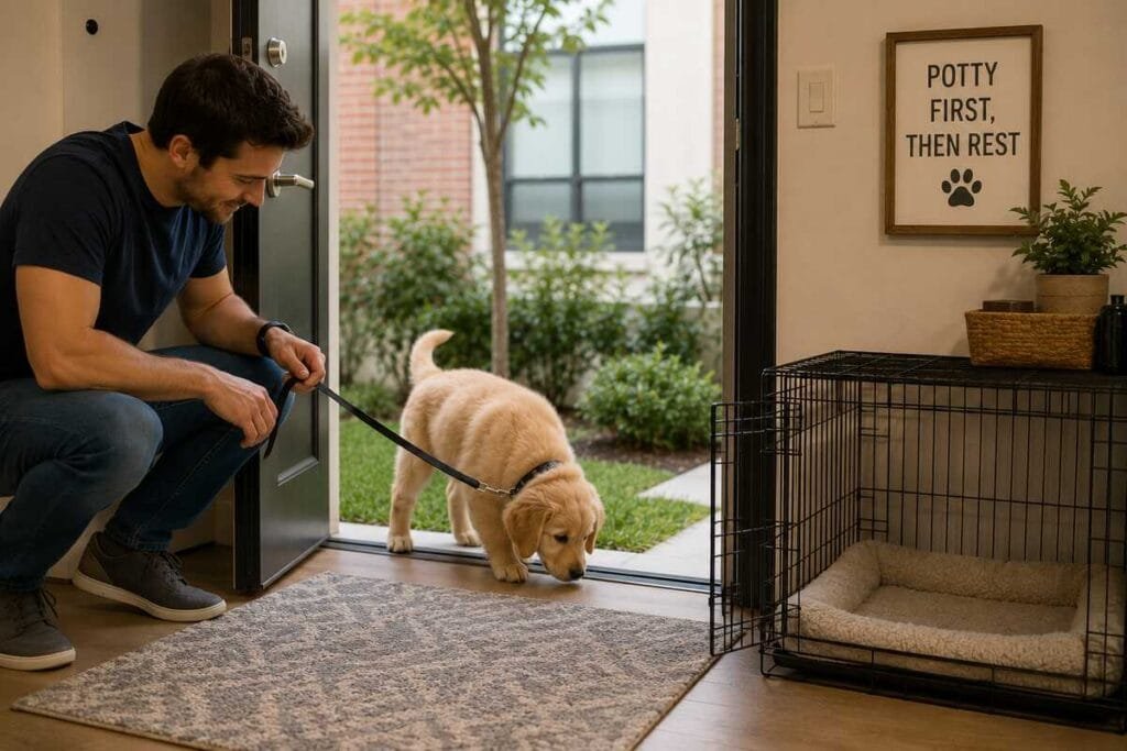 Puppy taking potty break before crate time