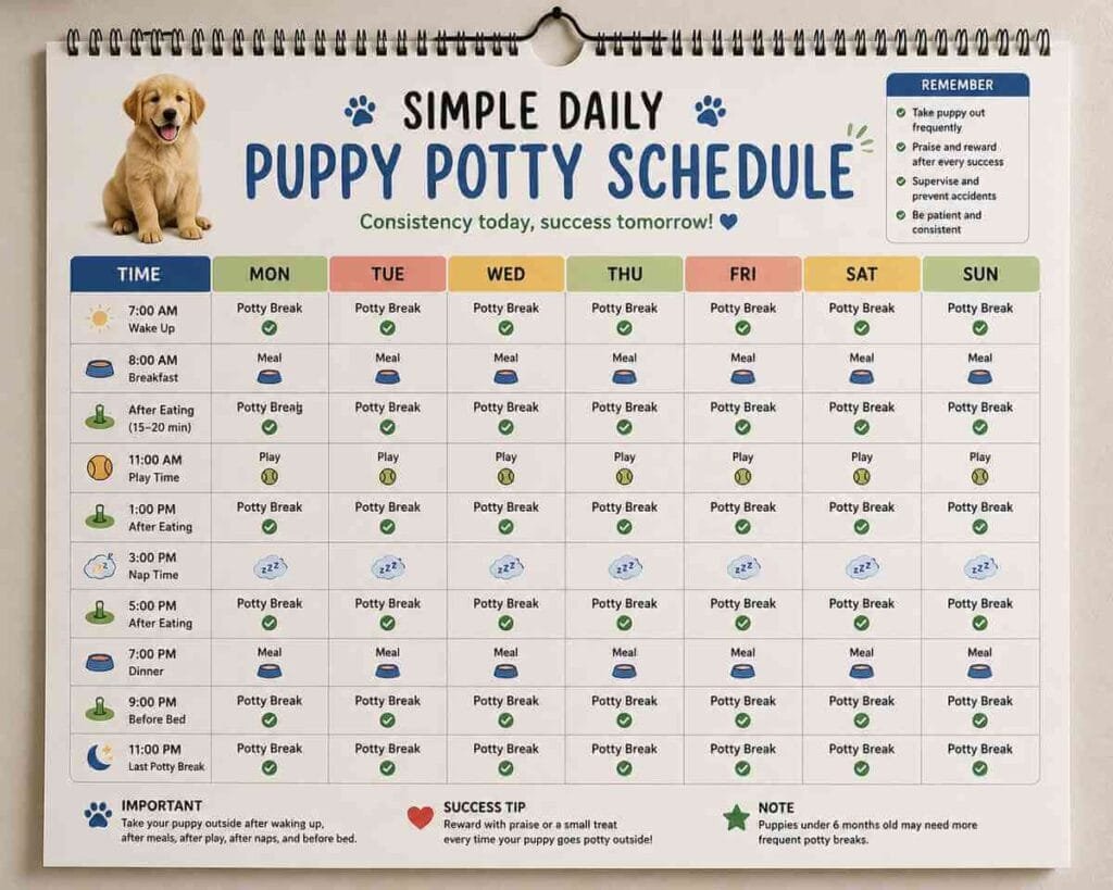 Puppy potty training schedule for new owners Purpose: Reinforce the schedule concept