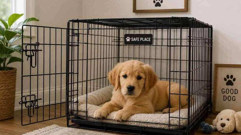 Puppy resting calmly in a properly sized crate