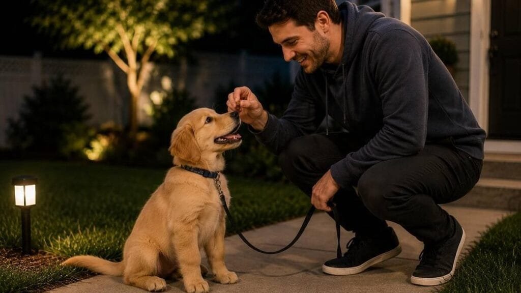 Owner rewarding puppy after successful bell training potty trip