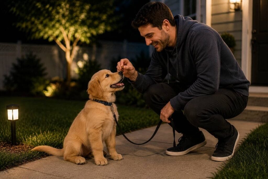 Puppy rewarded after a successful outdoor potty break