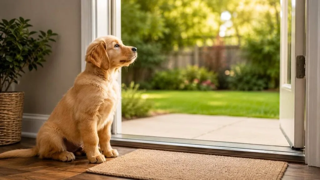Puppy sitting calmly at door during bell training
