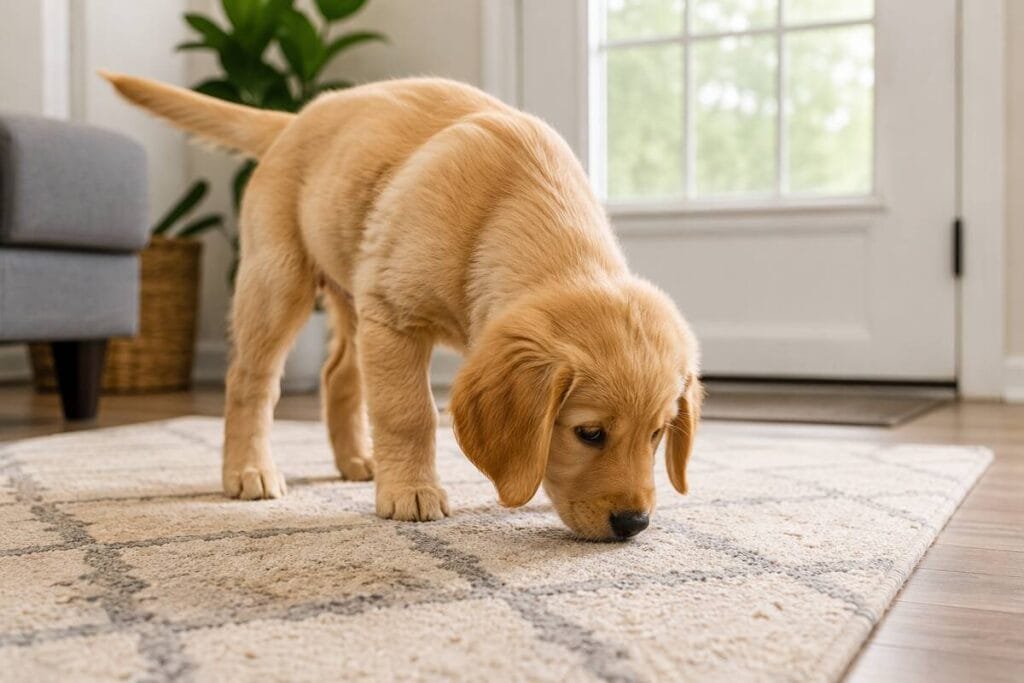 Puppy sniffing the floor as an early potty signal