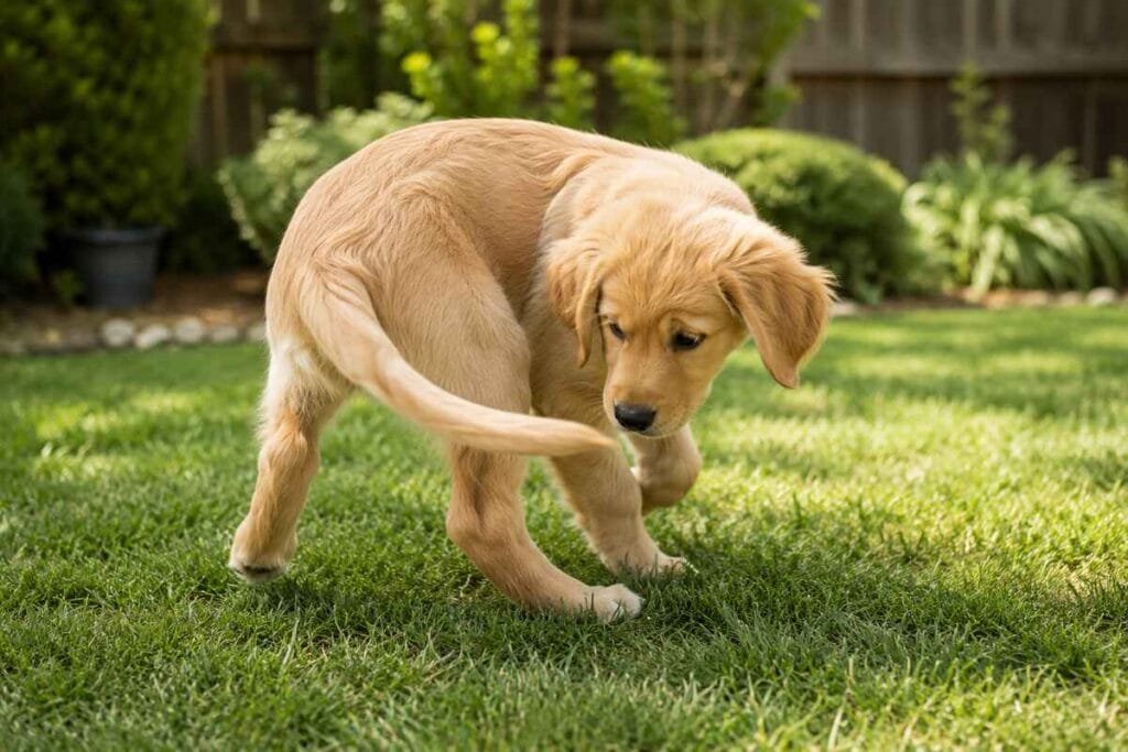 Puppy squatting to go potty outdoors