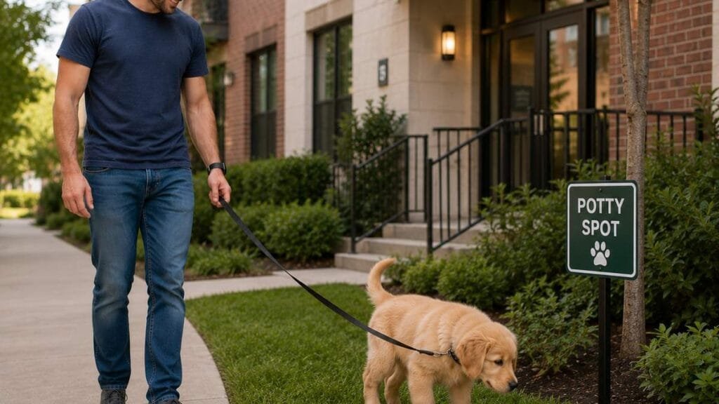 Puppy using consistent potty spot outside apartment
