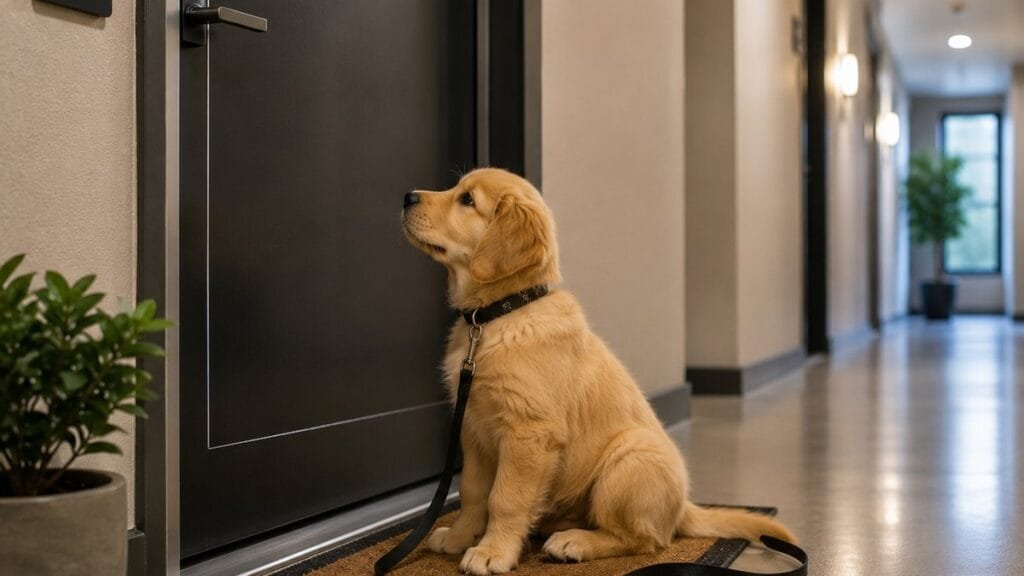Puppy calmly waiting by apartment door with leash