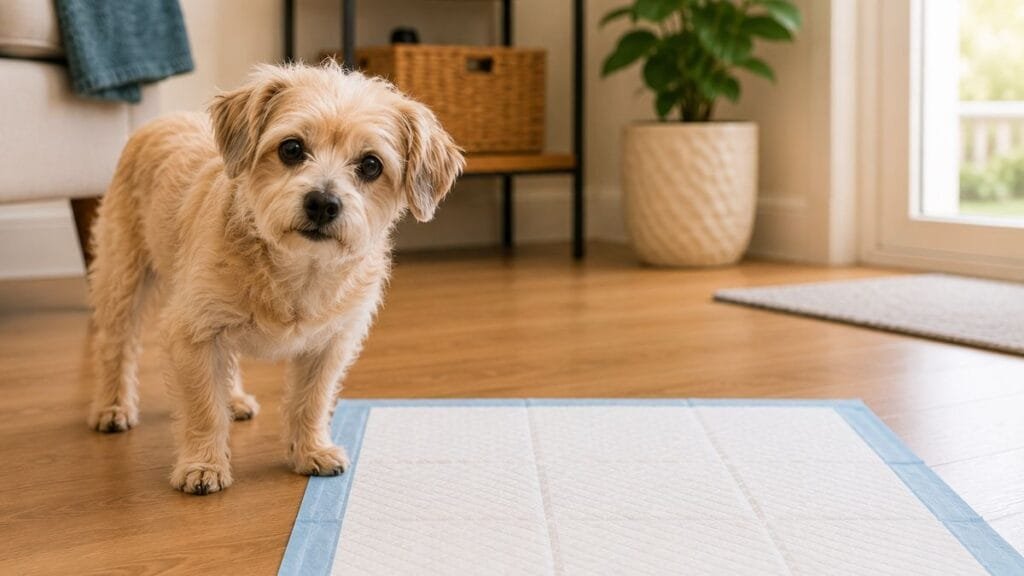 Senior dog using a puppy potty pad indoors