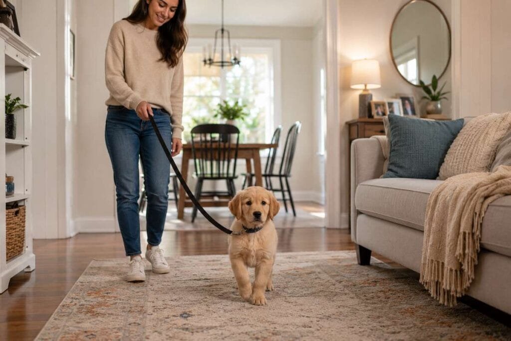 Supervising a puppy indoors during potty training