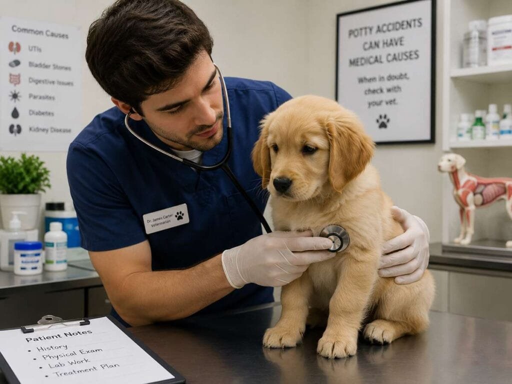 Veterinarian checking a puppy for medical causes of accidents