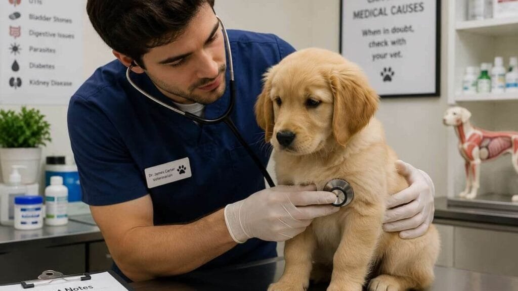 Veterinarian checking a puppy for medical causes of accidents