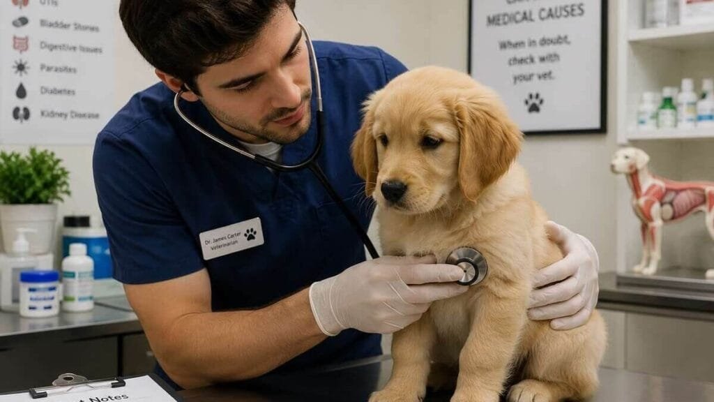Veterinarian checking a puppy for medical causes of regression