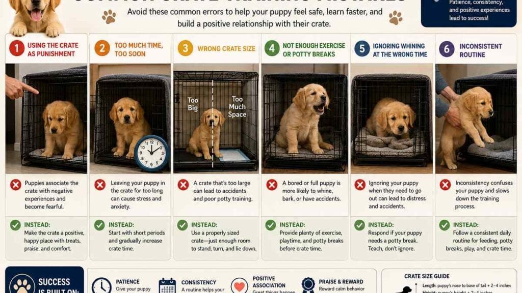 Common puppy crate training mistakes illustration
