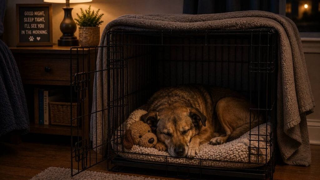 Cozy nighttime crate setup with blanket and toy