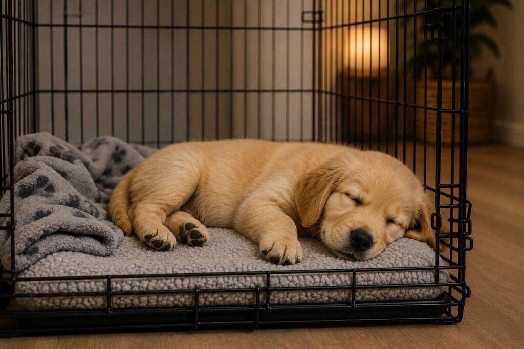 Puppy sleeping comfortably after a healthy bedtime routine