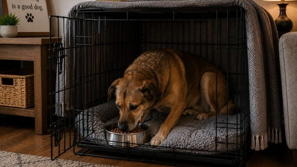 Adult rescue dog eating meals inside the crate