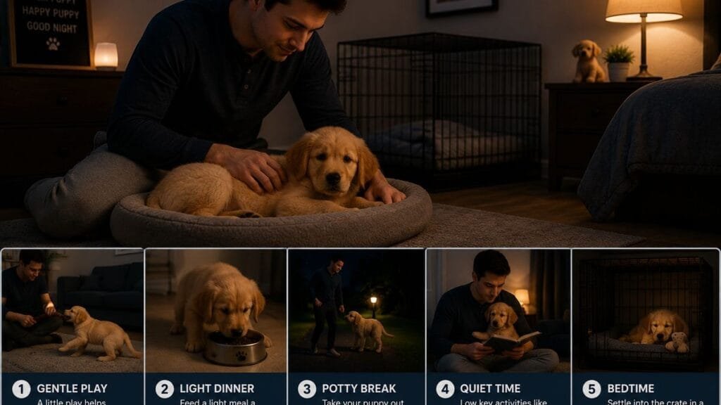 Owner following a calming bedtime routine with a puppy